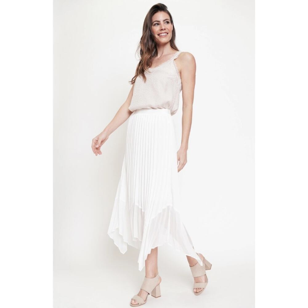 White Pleated Midi Skirt Asymmetrical Hem - Picture 3 of 8